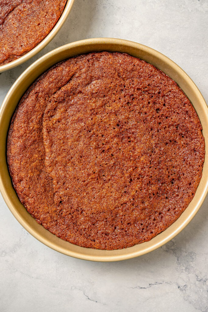 Baked cake in its pan. 