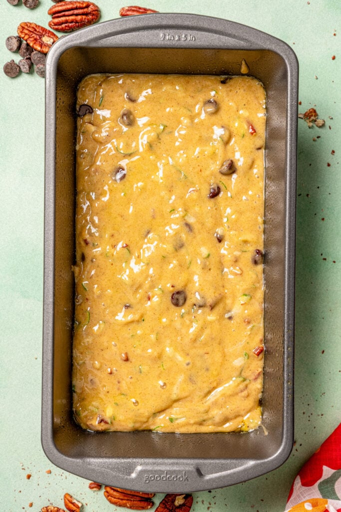 Batter in the prepared loaf pan.